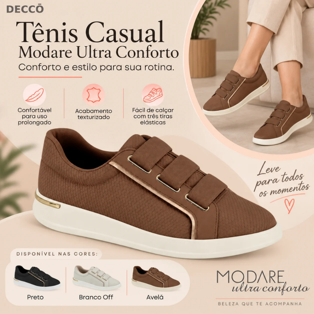 Tênis Feminino Modare Casual Calce Fácil Com Três Tiras Metalizadas Confortável Moderno