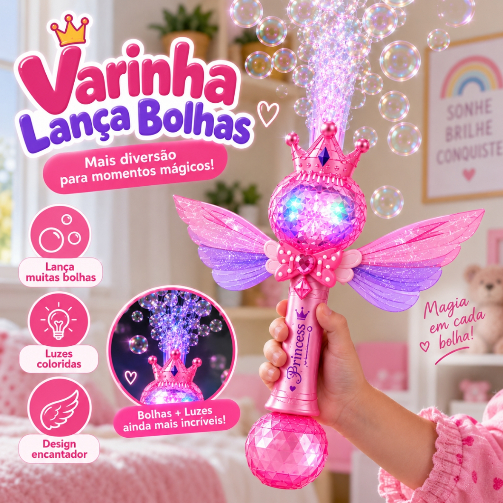 Brinquedo Lançador de Bolhas Varinha Mágica Musical Com Asas Led Rosa Menina Princesa Infantil Refil Castela