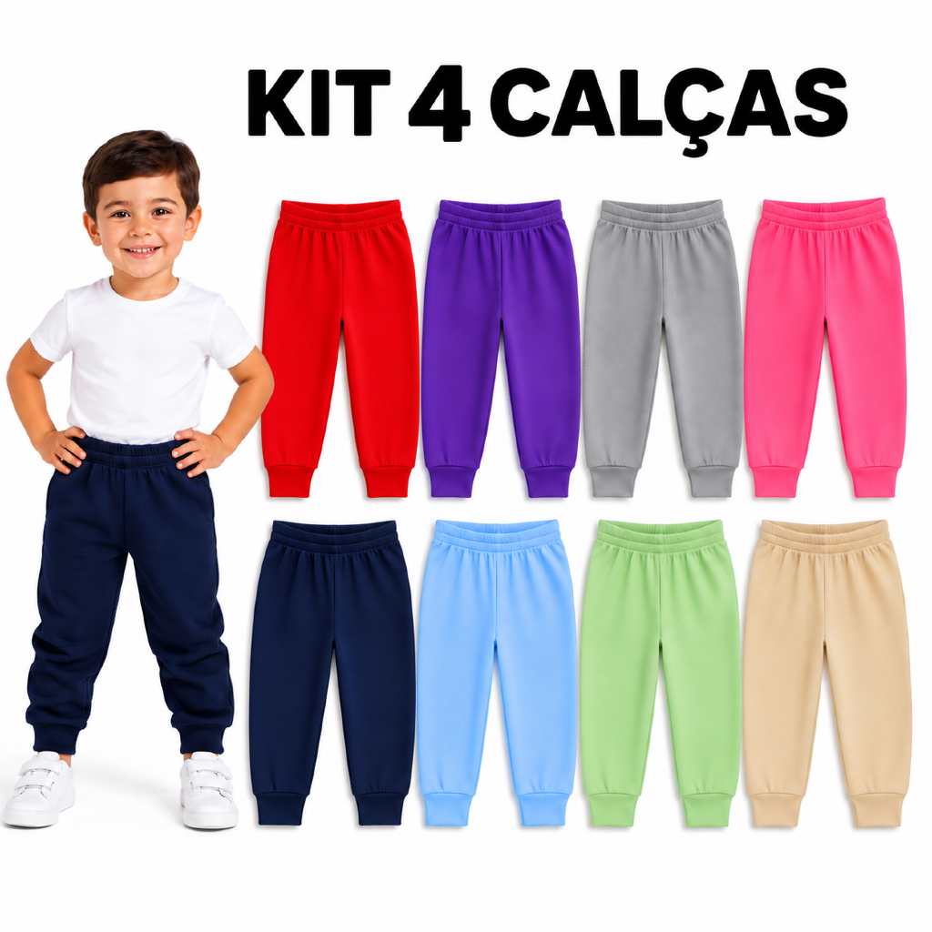 Kit 4 Calças Infantil Cores Sortidas Mijão Bebê Ribana Algodão Menino Menina Confortável | RN ao G e 1 ao 10 | REF 2435