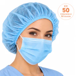 Kit Profissional Higiene e Proteção | 50 Máscaras + 50 Toucas Azul Celeste