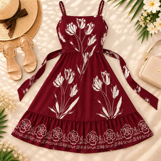 vestido Feminino Floral elegante com Bojo Lastex  Viscolinho Alcinha Babado Verão