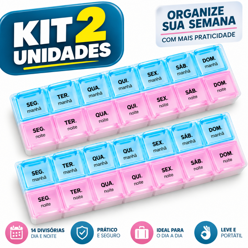 kit 2 Porta Comprimidos Semanal Organizador De Caixinha De Remédios Manhã e Noite