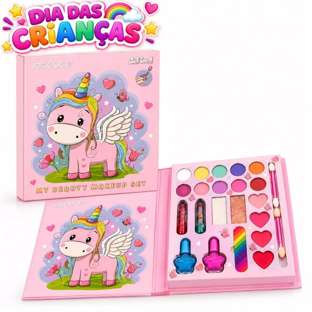 Kit de Maquiagem Infantil 23 em 1 – Estojo Unicórnio com Espelho