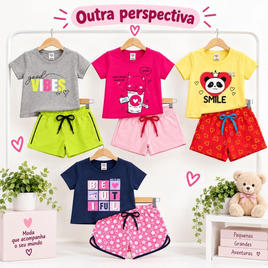 Conjunto Infantil Feminino Blusa Estampada Gola Redonda Shorts Curto Com Cordão Dormir Verão Criança