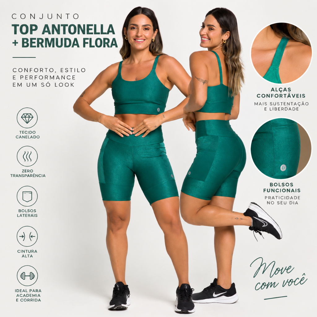 Conjunto Fitness Feminino Academia Top Antonella Alça e Bermuda Flora com Bolsos Canelado Zero Transparência Confortavel