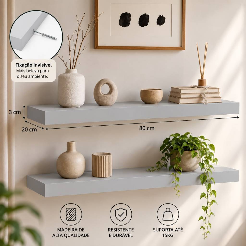 Prateleira Cinza 80x20 Grossa 30mm MDF Suporte Invisível — imagem 2 de 2