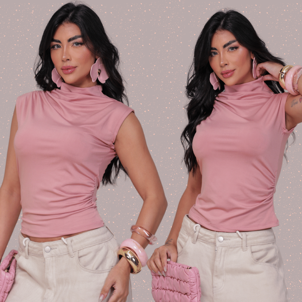 Blusinha Feminina Elegante Suplex Gola Alta Franzida Lateral Básica Blusinha Regata Confortável