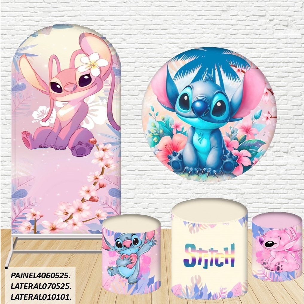 Kit de Capas Painel Redondo Sublimado Stitch e Angel 1,50M + Trio Capas de Cilindro C/Elástico
