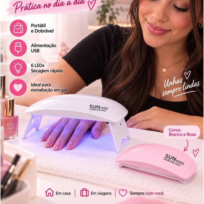 Cabine UV LED para Unhas Mini Portátil USB com 6 LEDs Secador de Esmalte em Gel Dobrável Branco/Rosa..