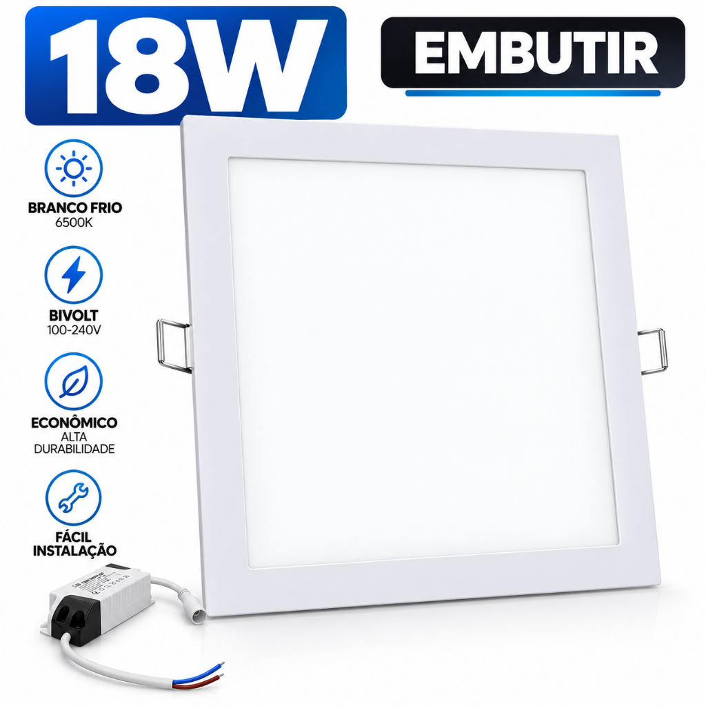 Painel Luminária de Embutir Led Quadrado 18W Branco Frio Slim 6500k Bivolt Luminária Borda Fina