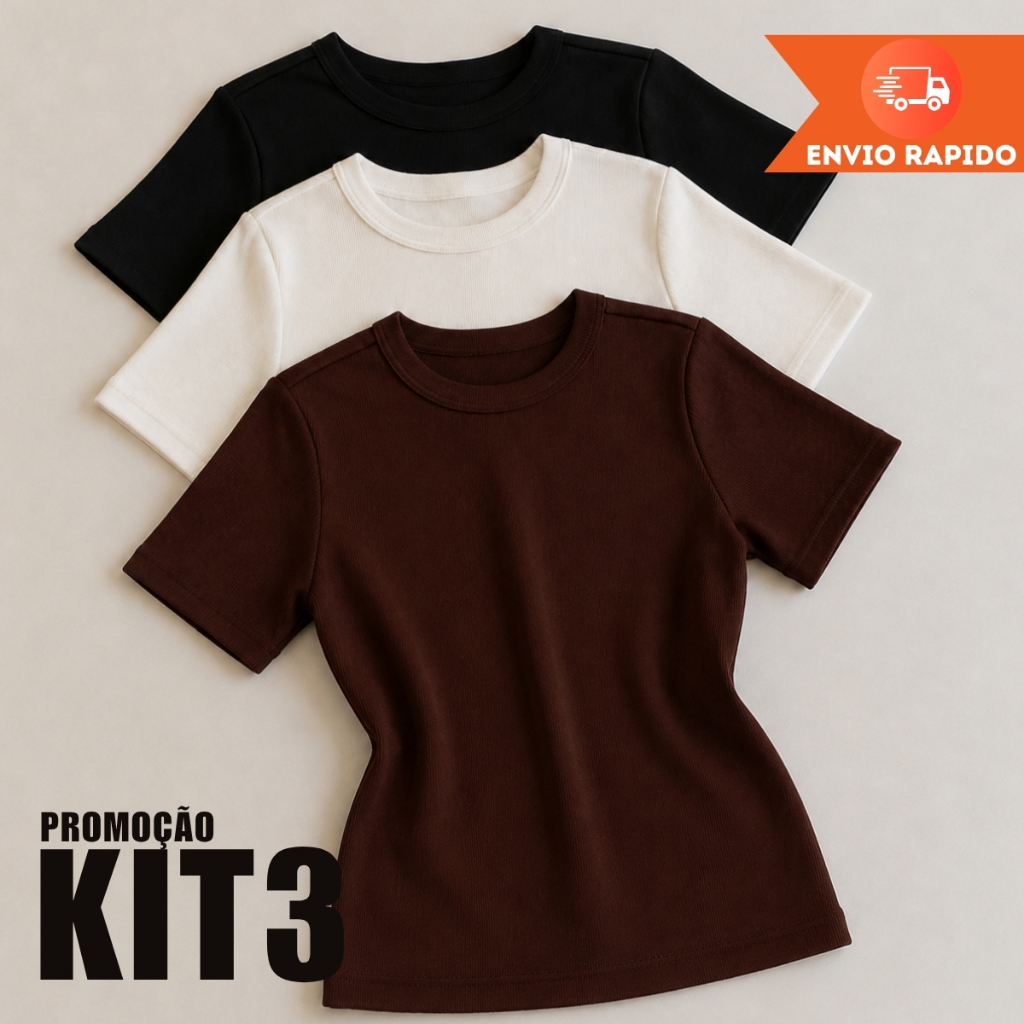 KIT 3 Blusas Feminina Ribana Canelada Básicas Estilosa Manga Curta Casual Baby Tee Moda Verão