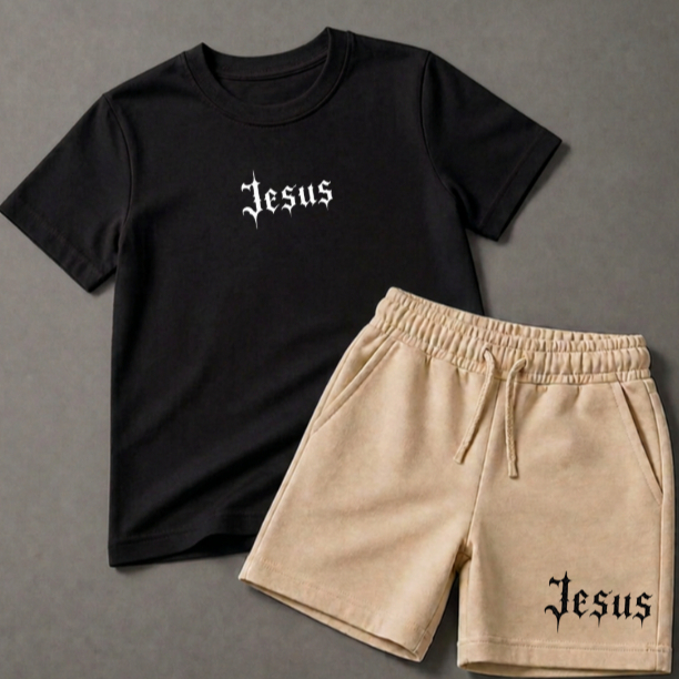 Conjunto Infantil masculino Jesus Camiseta e Short Kit Menino Criança Kids Conjunto Verão