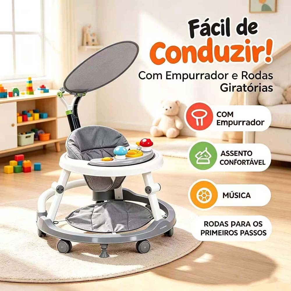 Andador Bebê Musical com Capota e Altura Ajustável - Para Meninos e Meninas, Seguro e Confortável