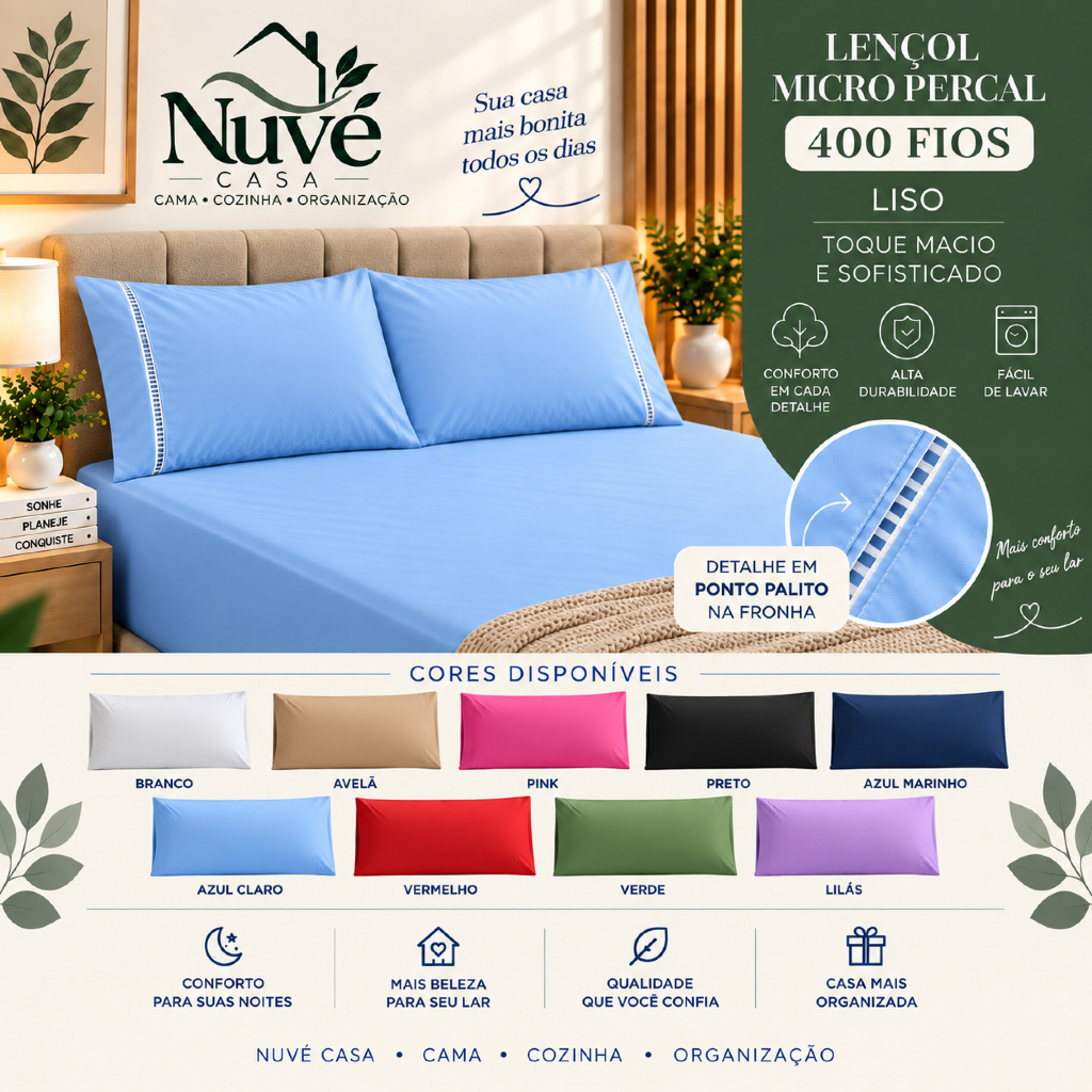 KIT Lençol Micropercal 400 Fios Liso Hypercal Premium - Solteiro Casal Queen e King - 2/ 3 Peças - A7