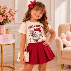 Conjunto Infantil Hello Kitty Menina Blusinha Algodão + Short Saia Alfaiataria Premium 4 ao 12