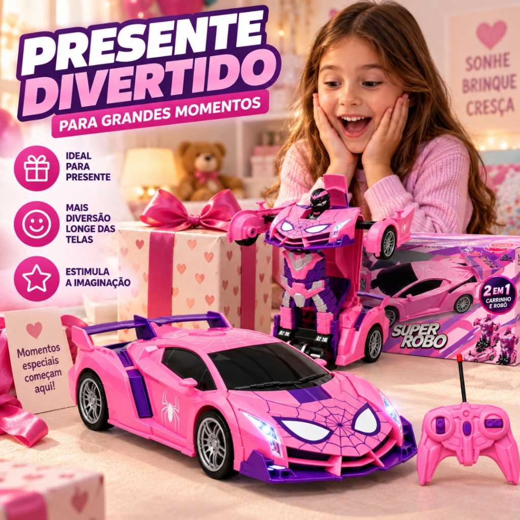 Carrinho de Controle Remoto 2 em 1 Vira Robô Transformável Rosa Bateria Recarregável — imagem 2 de 2