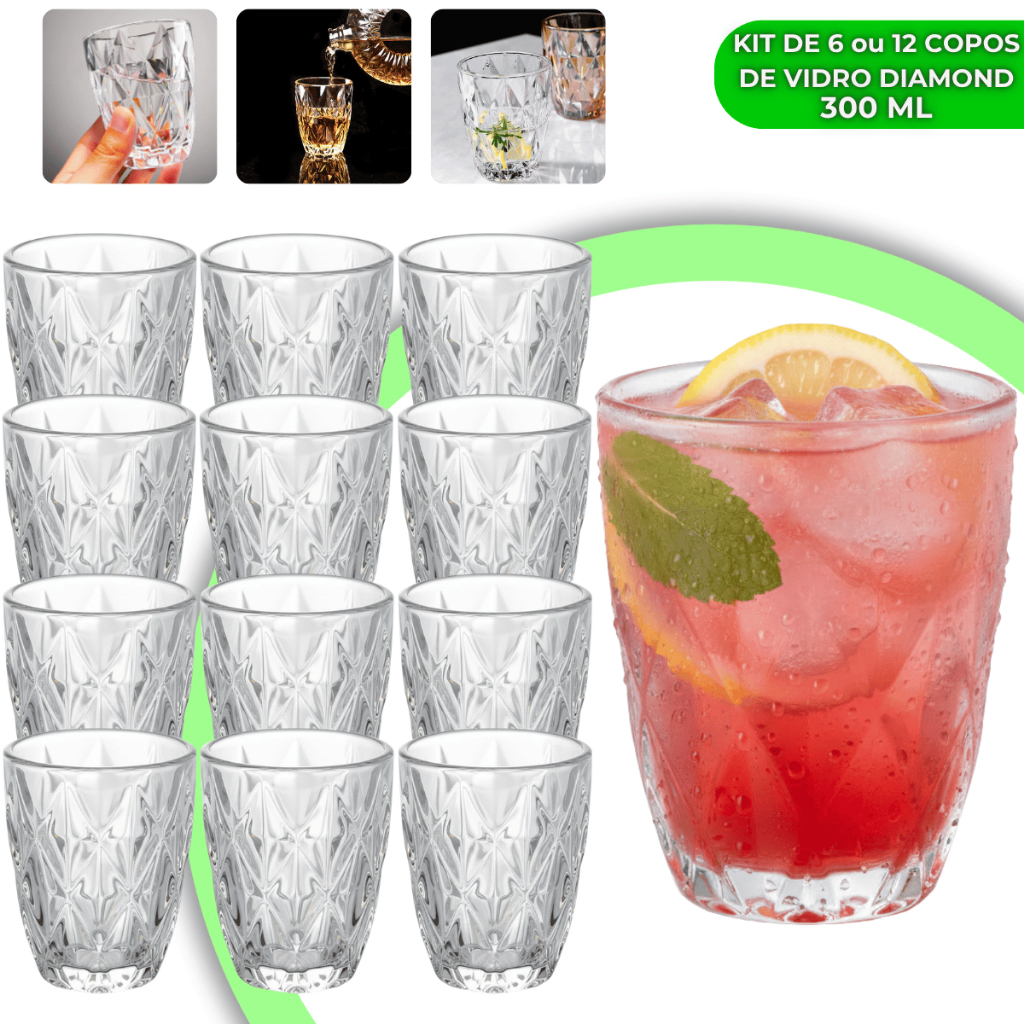 Jogo Copos Diamond 300ml Vidro Grosso Diamante Luxo Resistente Transparente Elegante Moderno 12 ou 6