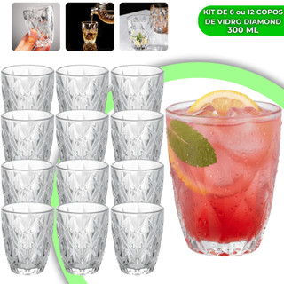 Jogo Copos Diamond 300ml Vidro Grosso Diamante Luxo Resistente Transparente Elegante Moderno 12 ou 6