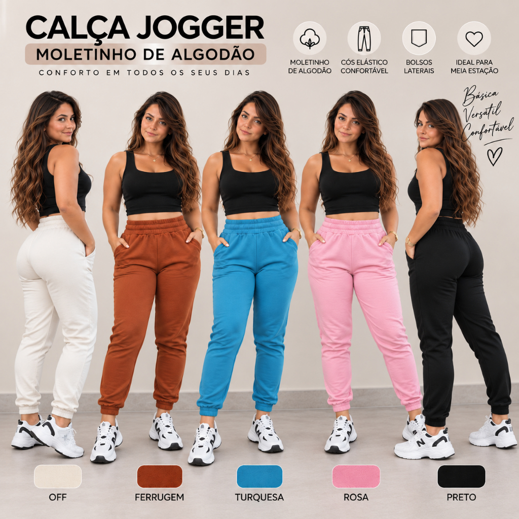 Calça Feminina Jogger Moletinho Cós Alto com Bolsos Casual Confortável Básica Meia Estação Dia a Dia Leve