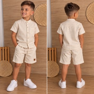 Conjunto Infantil Mauricinho Masculino Menino Camisa Social Manga Curta Bermuda Linho