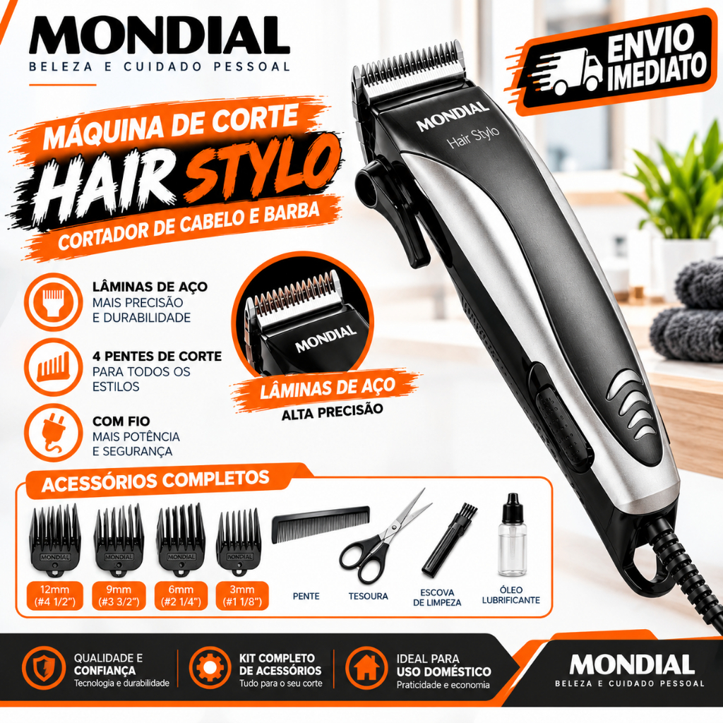 Maquina de Cortar Cabelo e Barba Mondial CR-02 Hair Stylo 127V/220V Lamina de Aco 4 Pentes Aparador de Cabelo e pelos