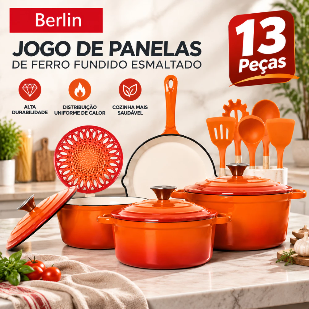 Jogo De Panelas Ferro Fundido Esmaltado 13 Peças Indução E Forno Conjunto Antiaderente De Cerâmica Berlin