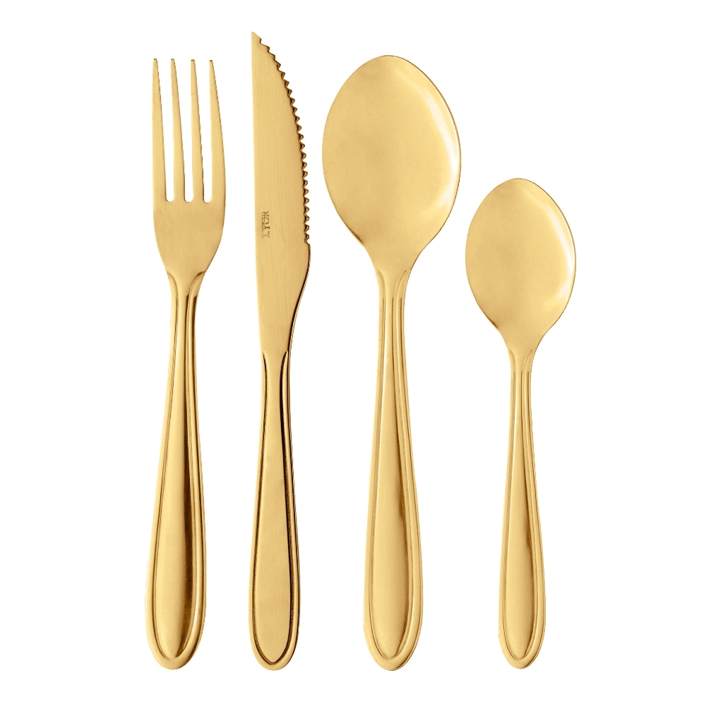 Jogo de Talheres Faqueiro 24 Peças Lyor Gastro Dourado Aço Inox 6 Pessoas Garfos Facas Colheres Mesa Posta Presente Luxo