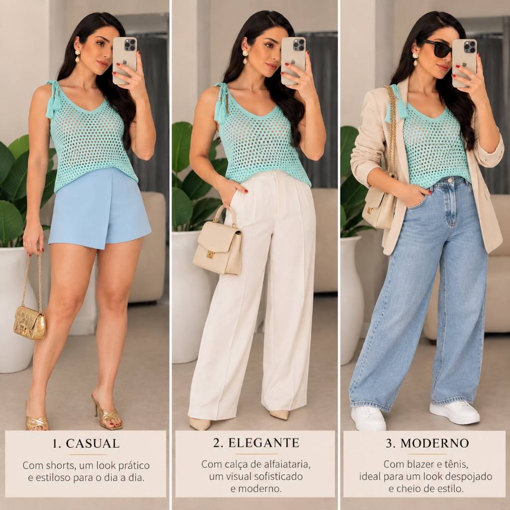 Blusa de Tricot Feminina Regata com Amarração - Crochê Vazado Verão Casual — imagem 2 de 2
