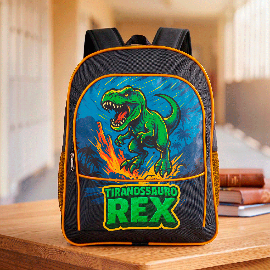 Mochila Infantil Escolar Grande de Costa Menino Estampa Dinossauro Tiranossauro Rex Resistente Reforçada Alça Ajustável