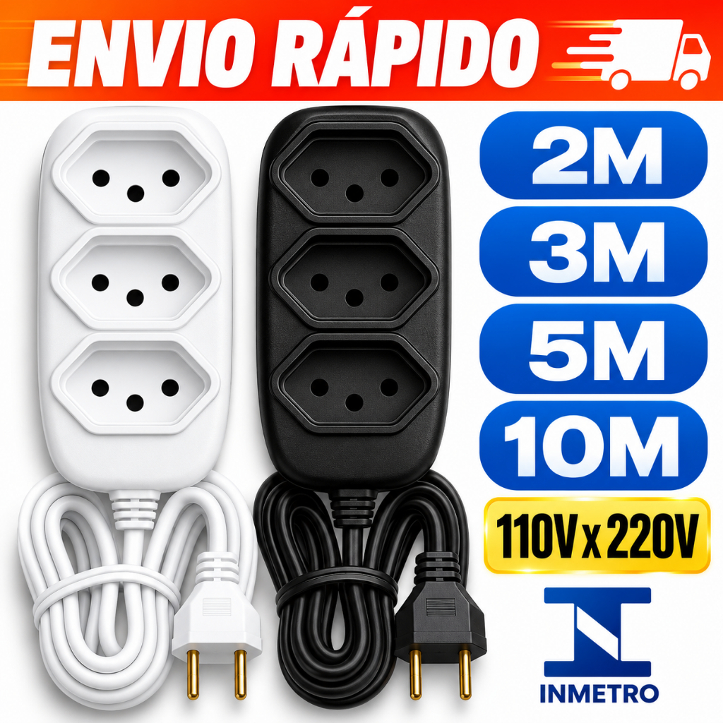 Extensão elétrica 2, 3, 5 e 10 Metros Tomadas Compacta Vários Tamanhos Durável Resistente