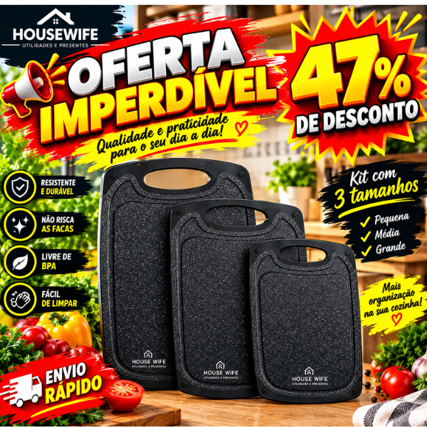 Kit 3 Tábuas de Corte Antiderrapante Cozinha Churrasco Frutas Carnes Legumes Oferta Do Mês