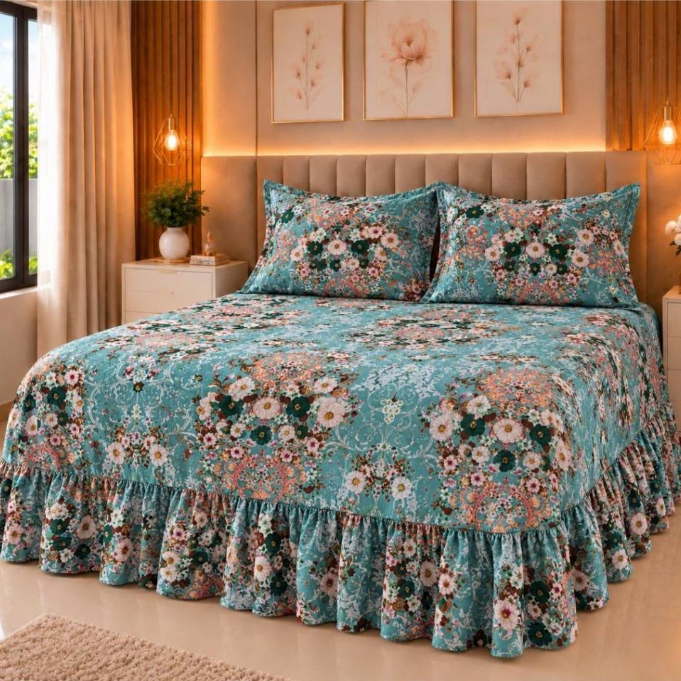 Kit Colcha Cobre Leito Helena Queen 03 Peças com Babado – 100% Algodão 400 Fios + 2 Fronhas | Oferta