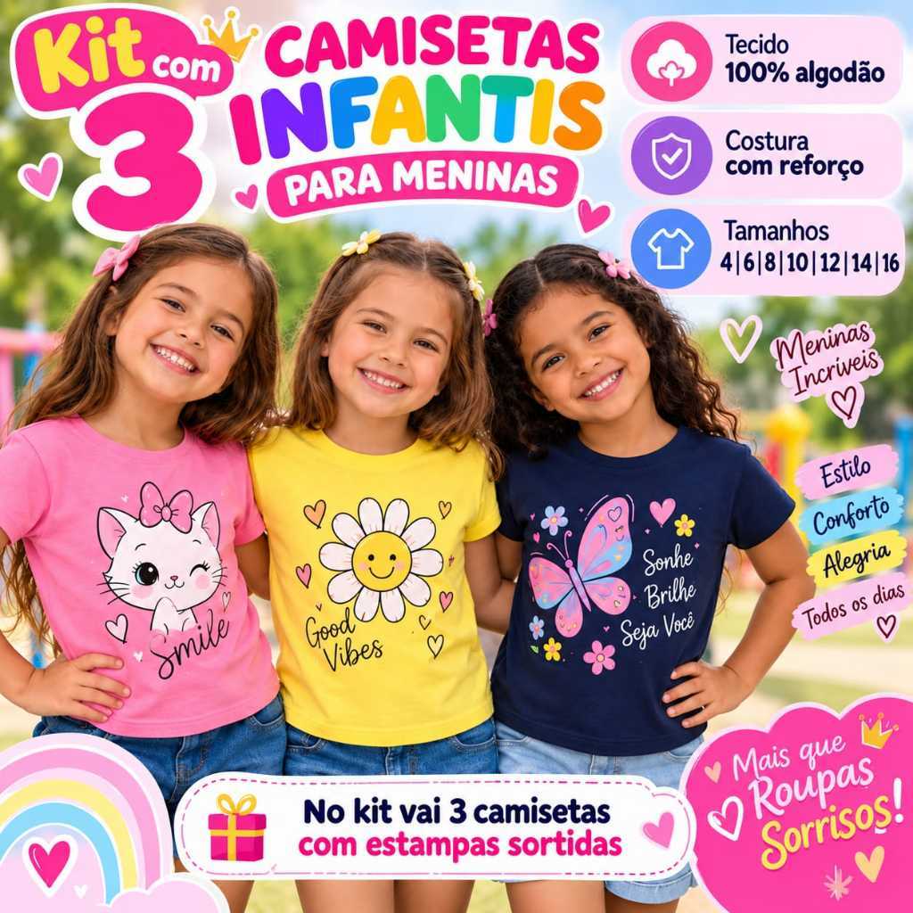 kit 3 camisetas infantil 100% algodão para meninas tamanhos 4 6 8 10 12 14 16