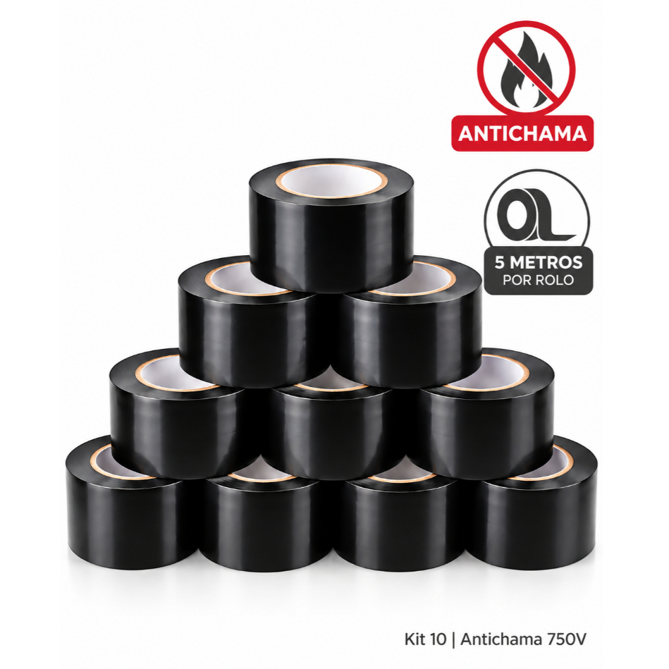 Fita Isolante Preta Kit 10 Rolos 5m Antichama 750V