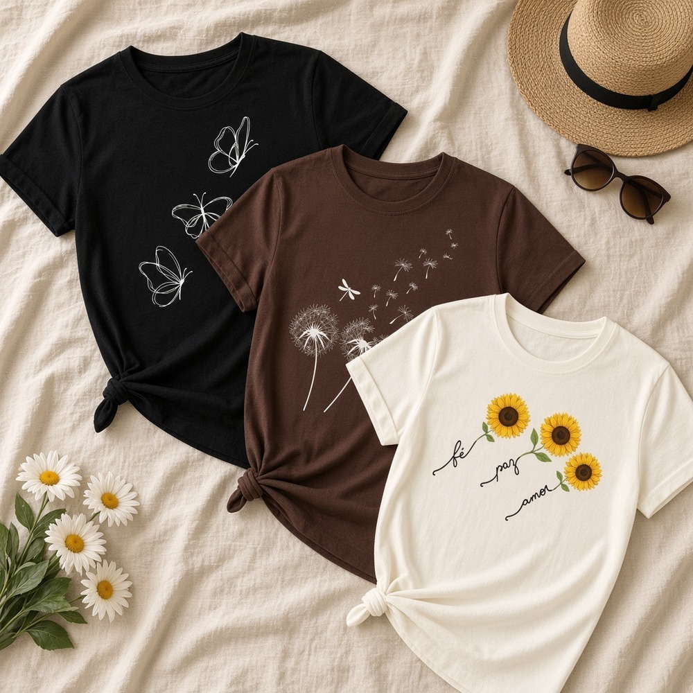 Kit 3 Camisetas Femininas Estampadas Borboletas Dente de Leão Girassóis Fé Paz Amor Blusinha Algodão Confortável