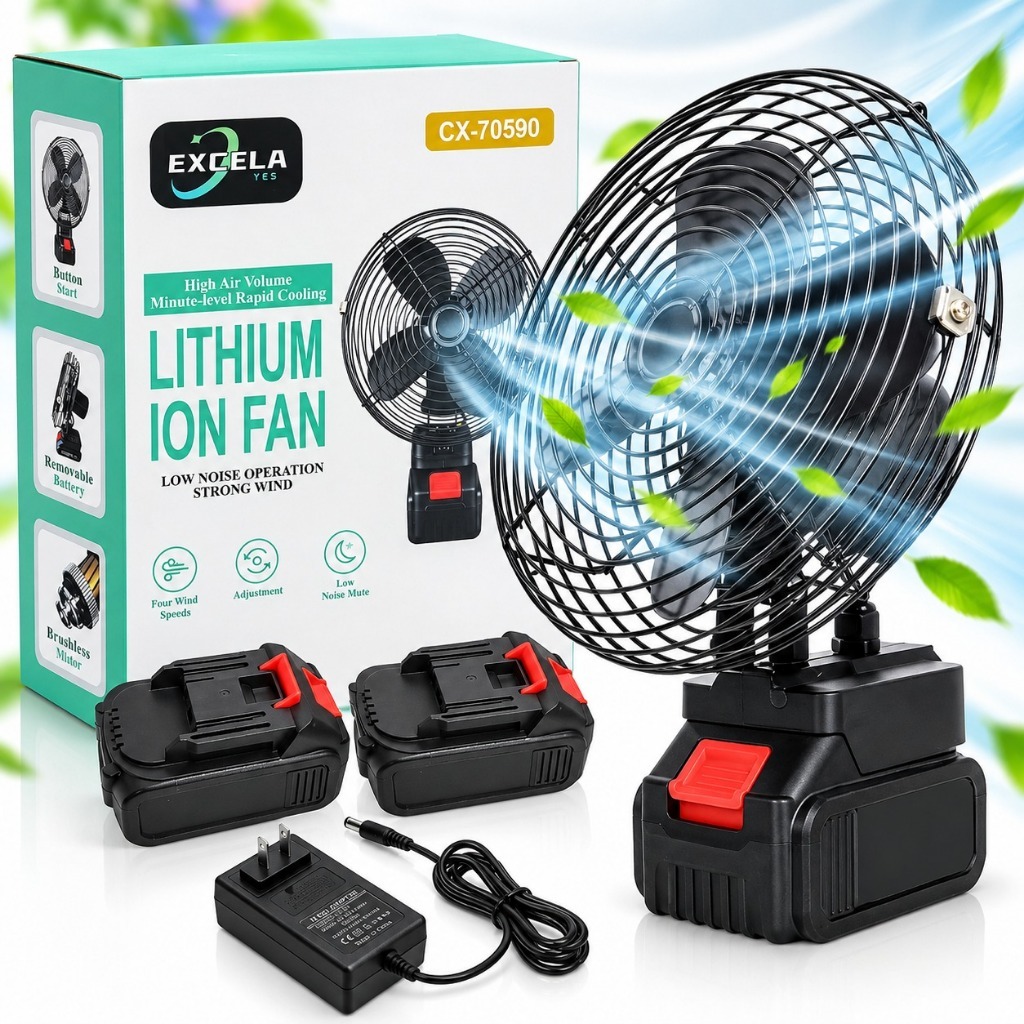 Ventilador Portátil 48V Recarregável com 2 Baterias 15000mAh 30W Vento Forte para Camping Trabalho