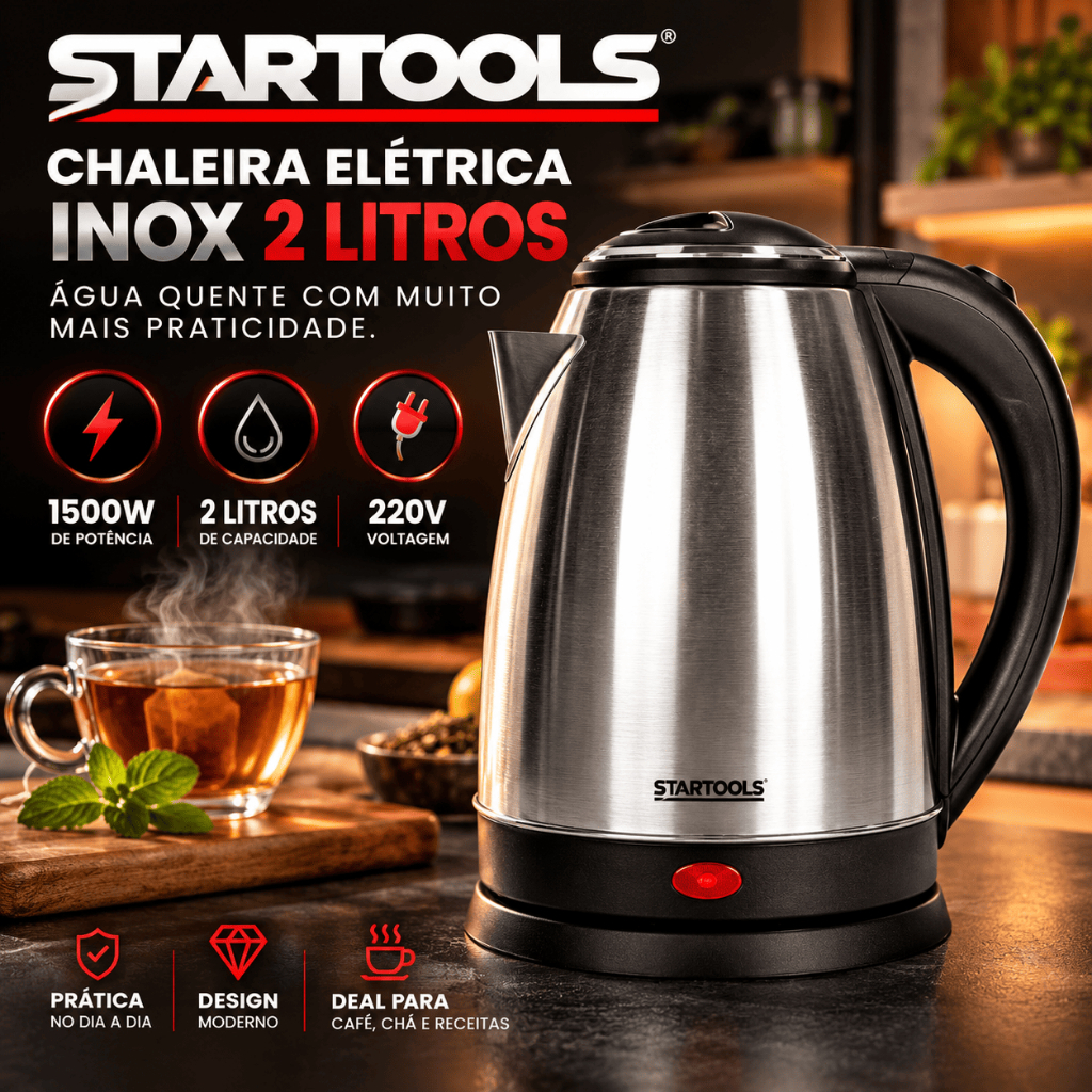Chaleira Elétrica Inox 2 Litros 1500W 220V Aquecimento Rápido Startools