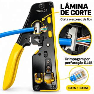 Ferramenta Alicate Com Trava De Segurança Para Montagem De Cabos CAT5 CAT6 CAT7 RJ45 RJ12 E RJ11