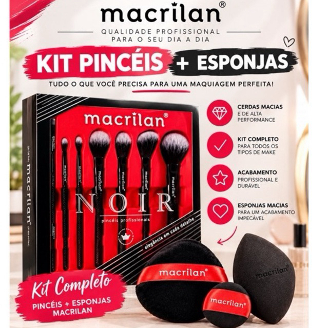 Kit Pincéis Macrilan ED009 Profissional Linha Max + kit de esponja Completo Alta Qualidade Maquiagem Perfeita