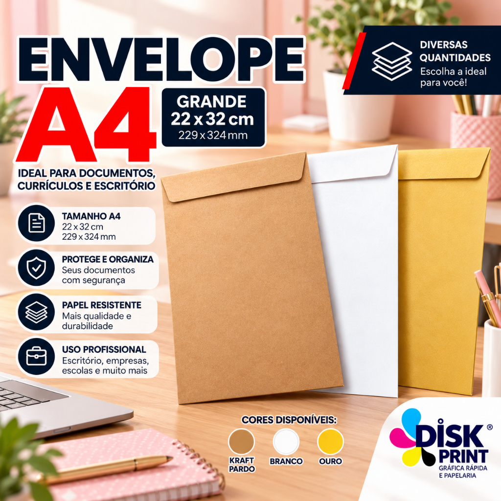 Envelope Para Folha A4 Kraft Natural 80g Pacote Com 25 50 e 100 Und