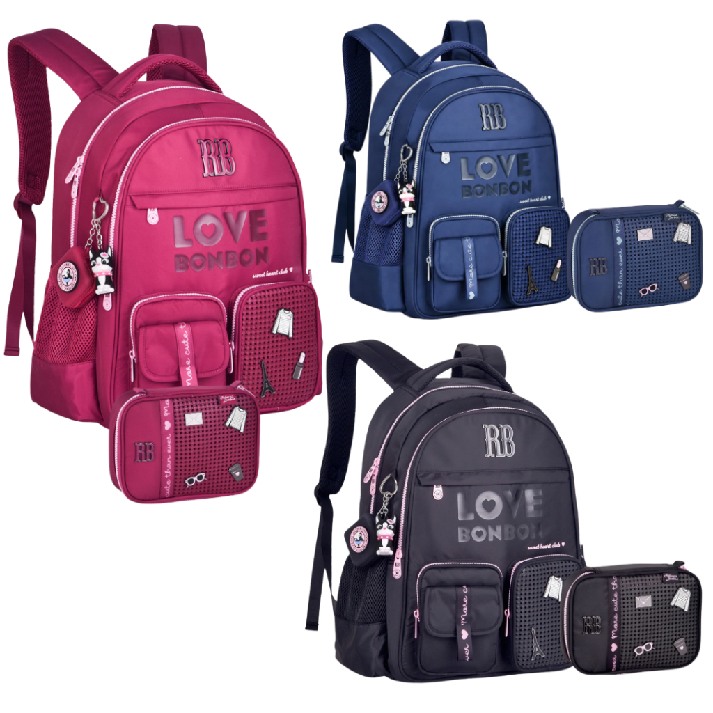 Mochila de Costas Rebeca Bonbon + Estojo Box RB ou Lancheira Bolsa Preta Escolar Volta Aulas Menina