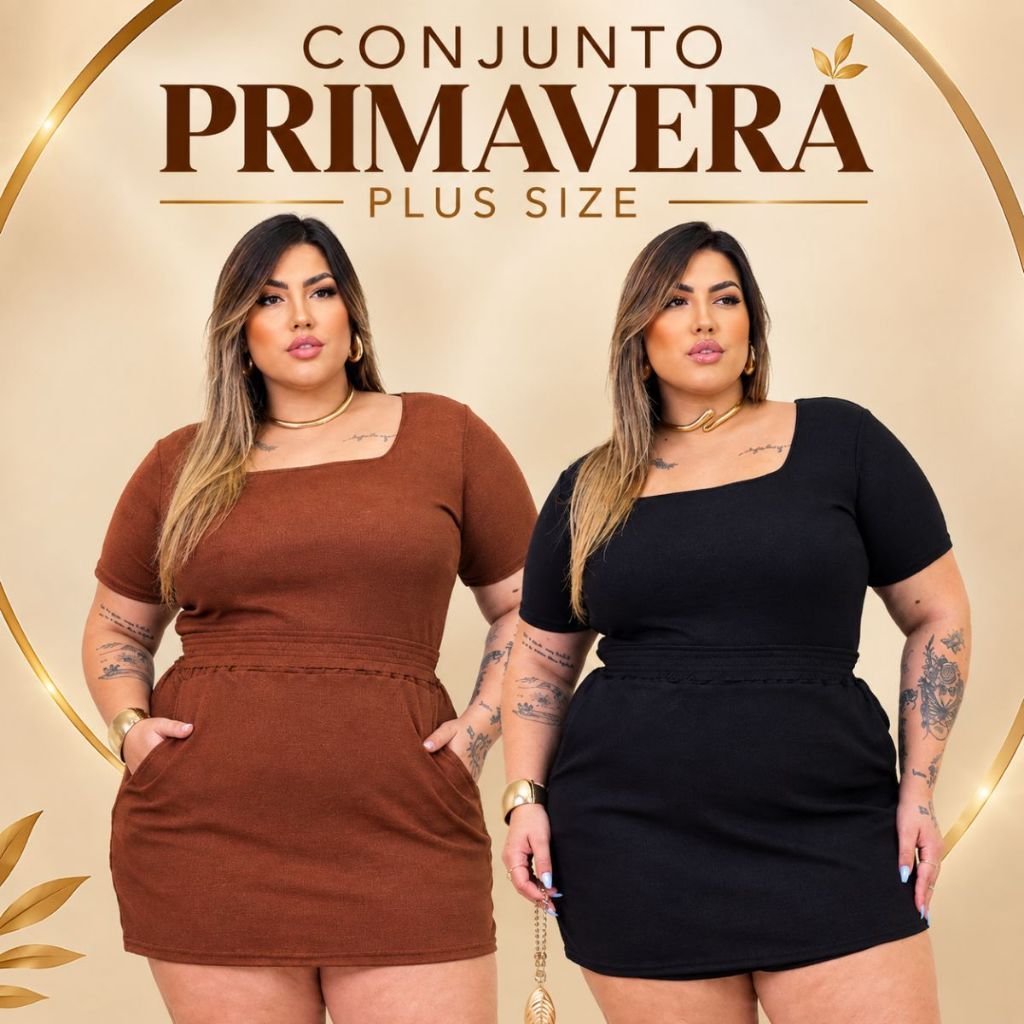 Conjunto Plus Size shorts saia e blusa decote quadrado Casual Moda Verão curve curvy midsize outfit