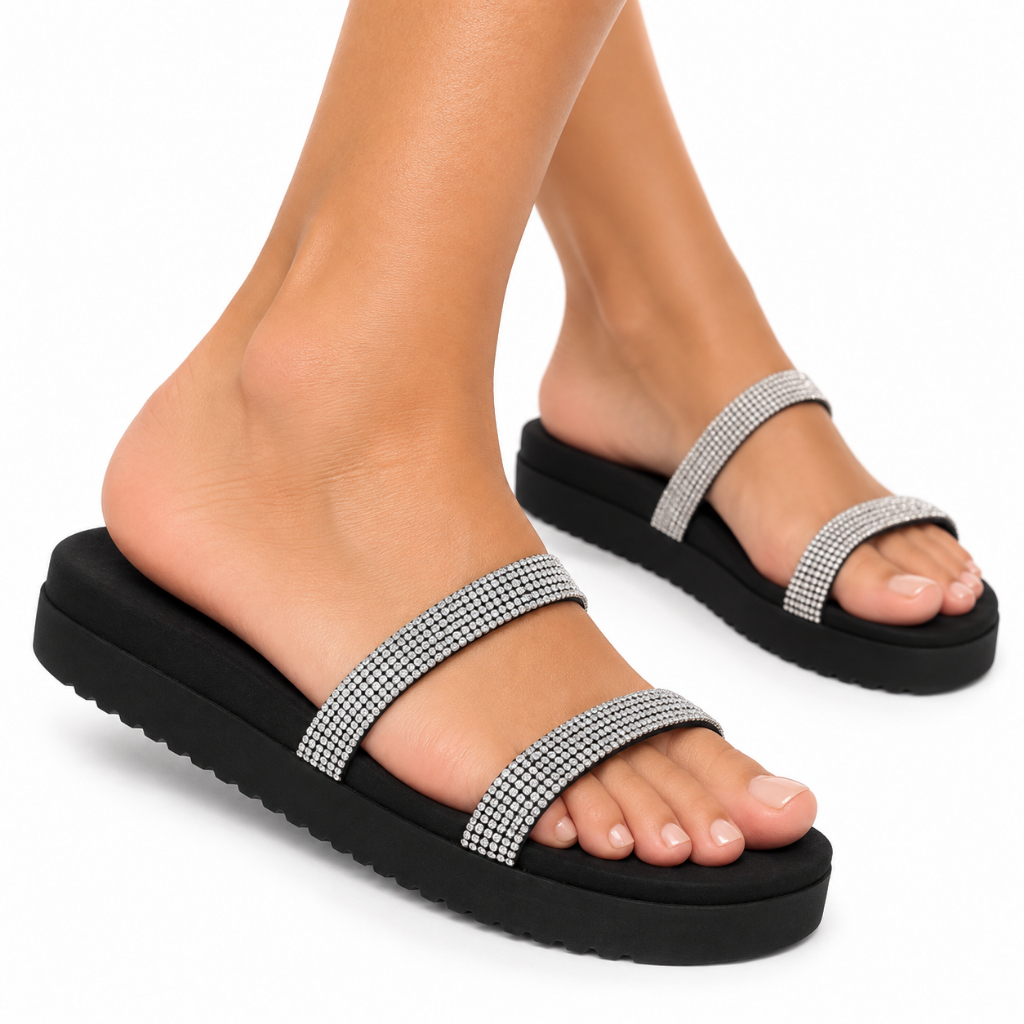 Sandália Papete Feminina Plataforma Flatform Duas Tiras de Strass Brilho 199051 Preta PROMOÇÃO ENVIO IMEDIATO