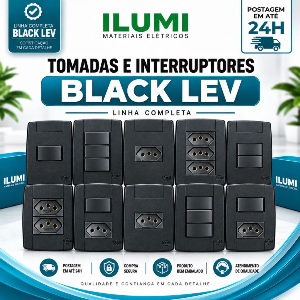 Tomadas e Interruptores Preto Tomadas Monobloco Ilumi Lev Linha Completa - Escolha seus modelos