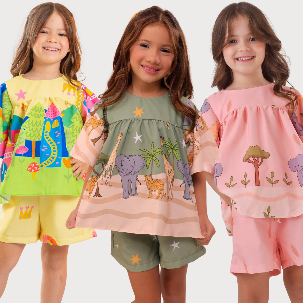Kit Combinadinho Feminino Conjunto Infantil Estampado Colorido Confortável Chic Moda Verão Menina