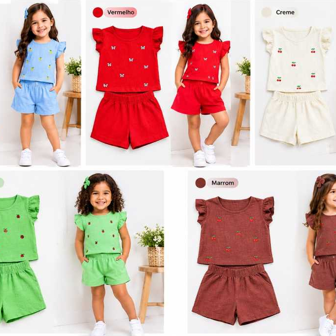 Conjunto Infantil Menina Verão Blusa Manga Babado e Shorts Estampado para menina de 2 ate 5 anos
