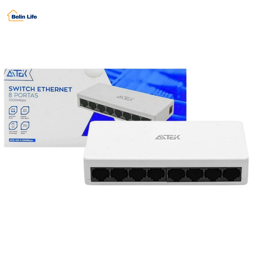 Switch Gigabit Aitek 5 ou 8 Portas 1000Mbps Ethernet Plug Play para PC TV Console e Jogos Online