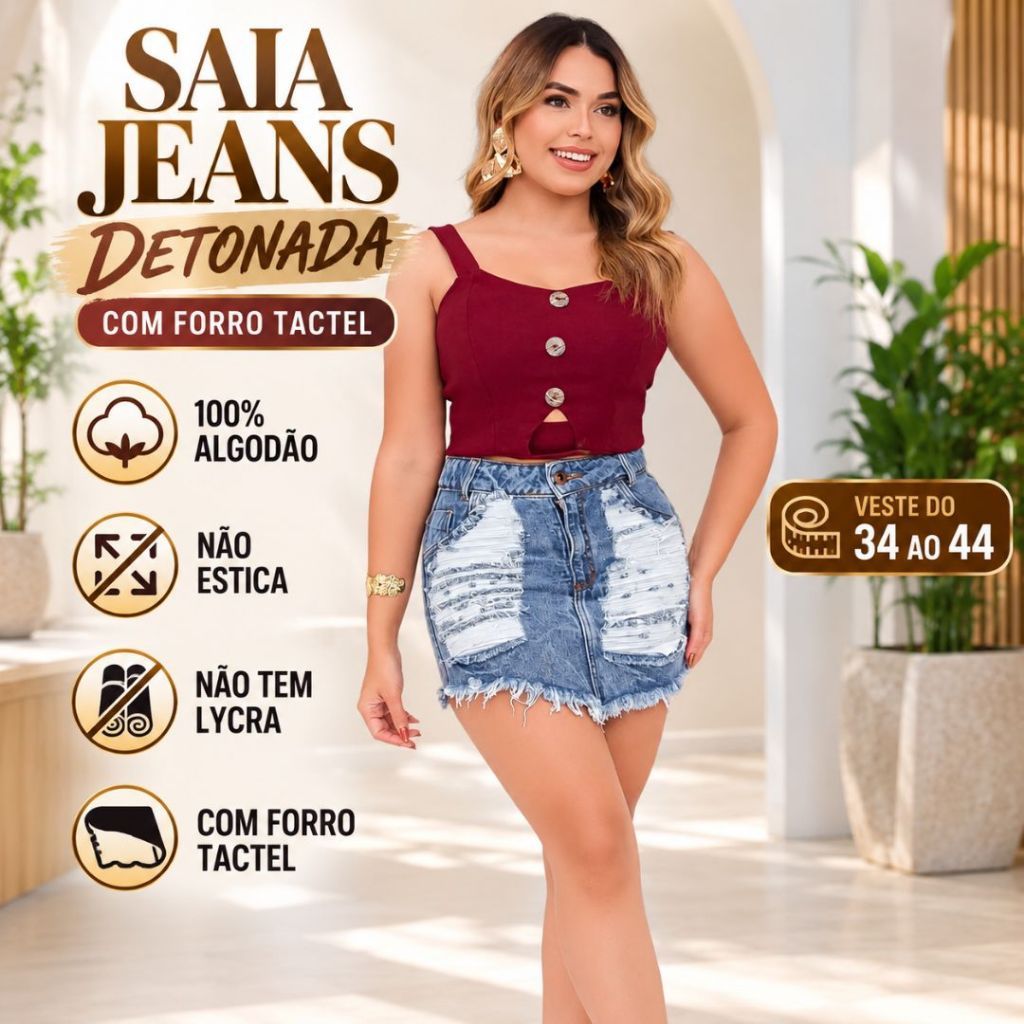 Saia Jeans Feminina Cintura Alta Detonada com Forro Táctel 100% Algodão Não Estica Não Tem Lycra
