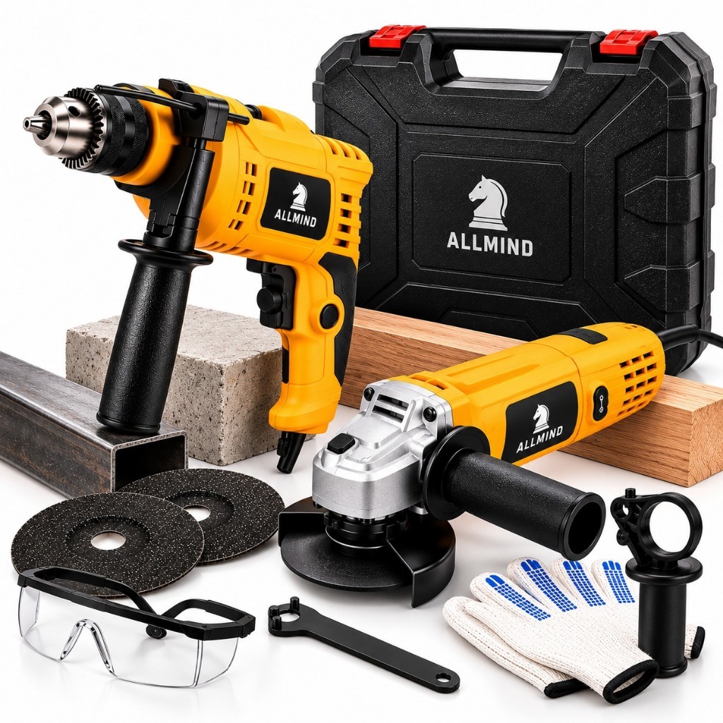 Kit Lixadeira Esmerilhadeira Angular Furadeira de Impacto 10mm e Maleta de Transporte Com Acessórios