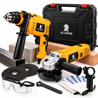 Kit Lixadeira Esmerilhadeira Angular Furadeira de Impacto 10mm e Maleta de Transporte Com Acessórios